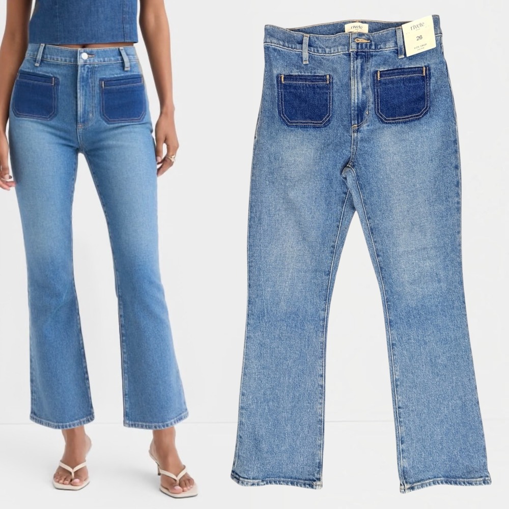 Rivete Denim Kick Crop Jeans Contrast Patch Pocket Blue 26